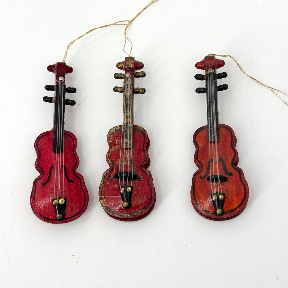 Vintage Miniature Wooden Violin Ornament Set Rustic Fiddle Trio Christmas Décor
